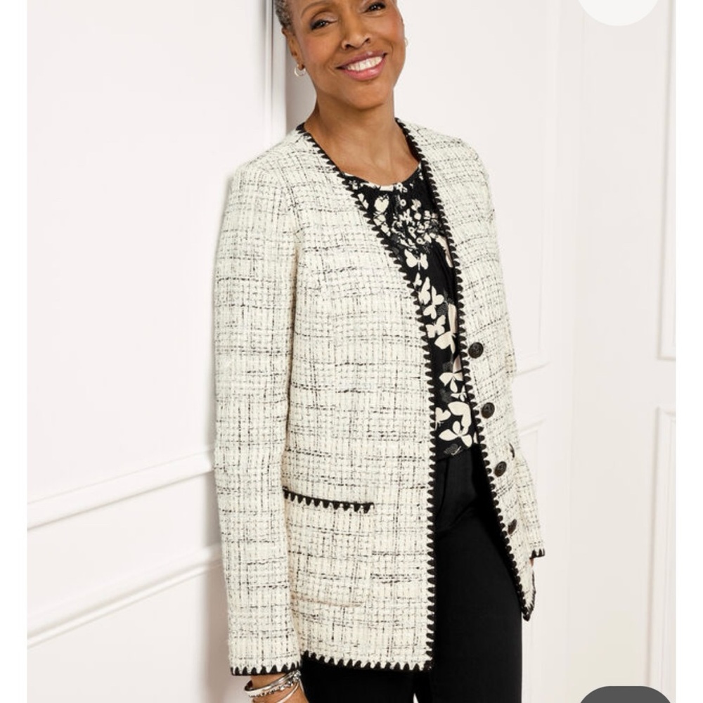 NWT Talbots Tipped Tweed Blazer White Black 6